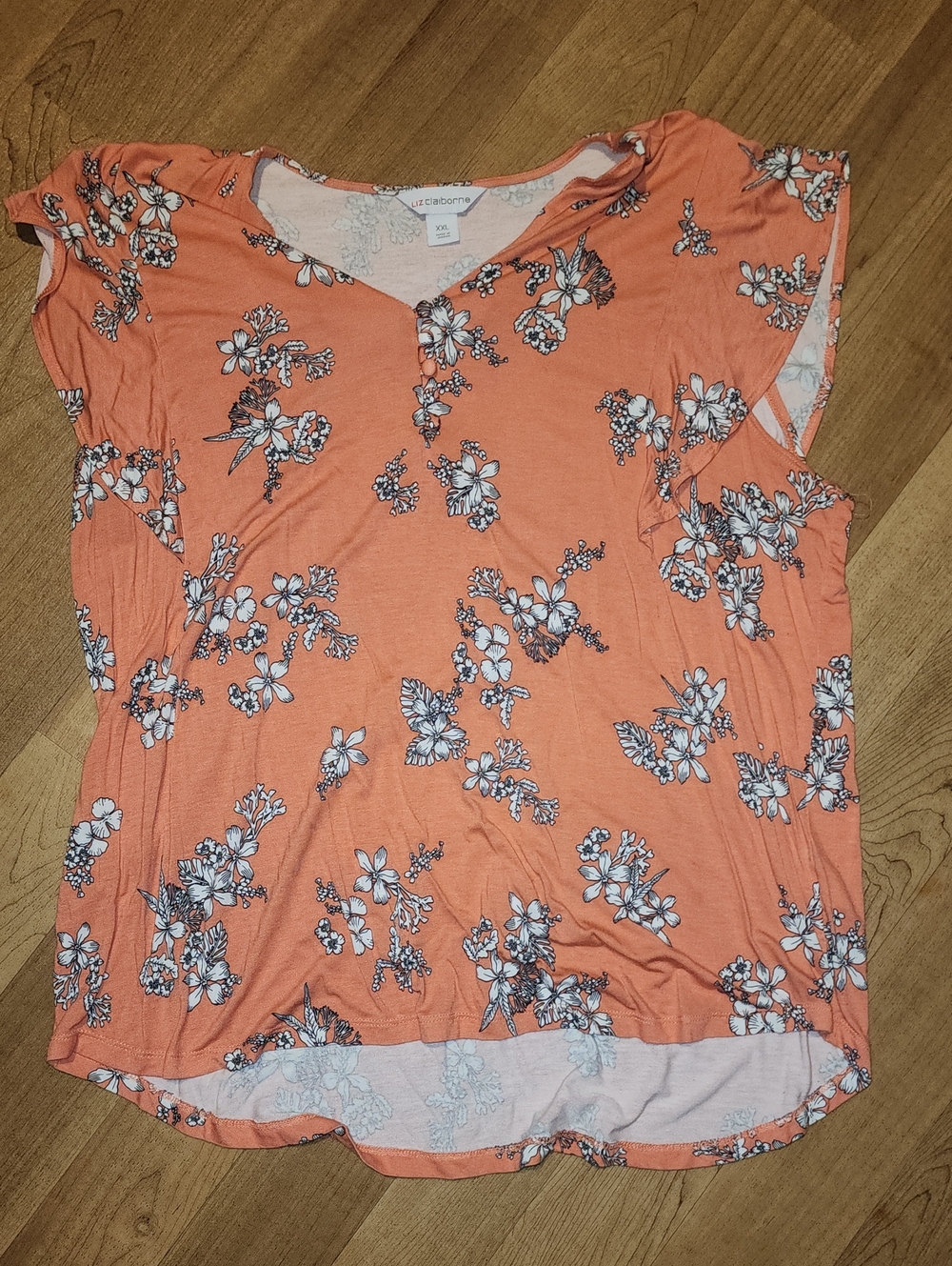 Liz Claiborne Coral Floral Short Sleeve Blouse with White and Black Print